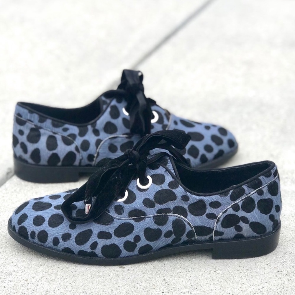 Shelly’s London pony hair Oxfords leopard print flats Black blue animal cow fur